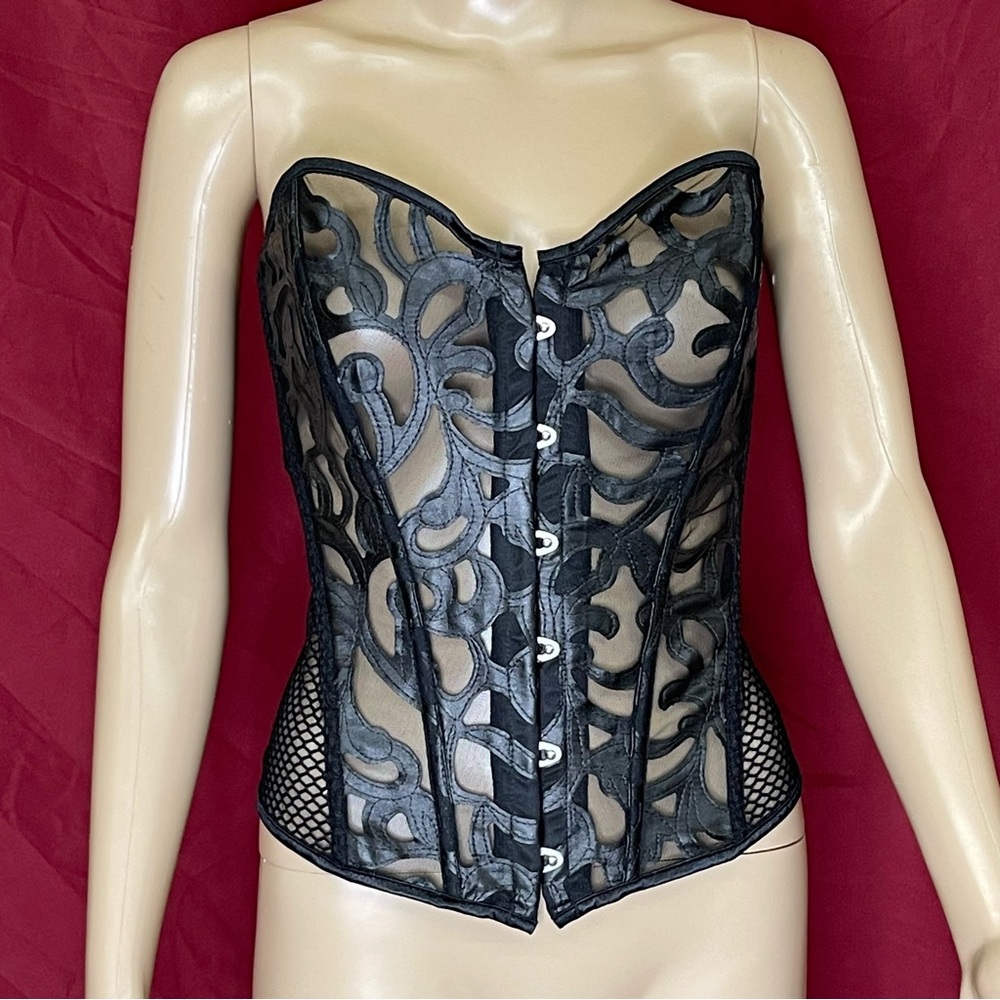 Black Forge Gothic Fishnet Faux Leather Tribal Flame Boned Corset Bustier Large